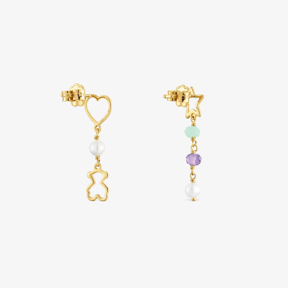 Aretes largos de oro 9 kt y gemas 30 mm Silueta