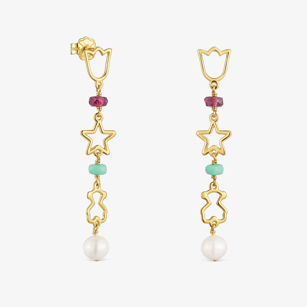 Pendientes largos de oro 9 kt y gemas 50 mm Silueta