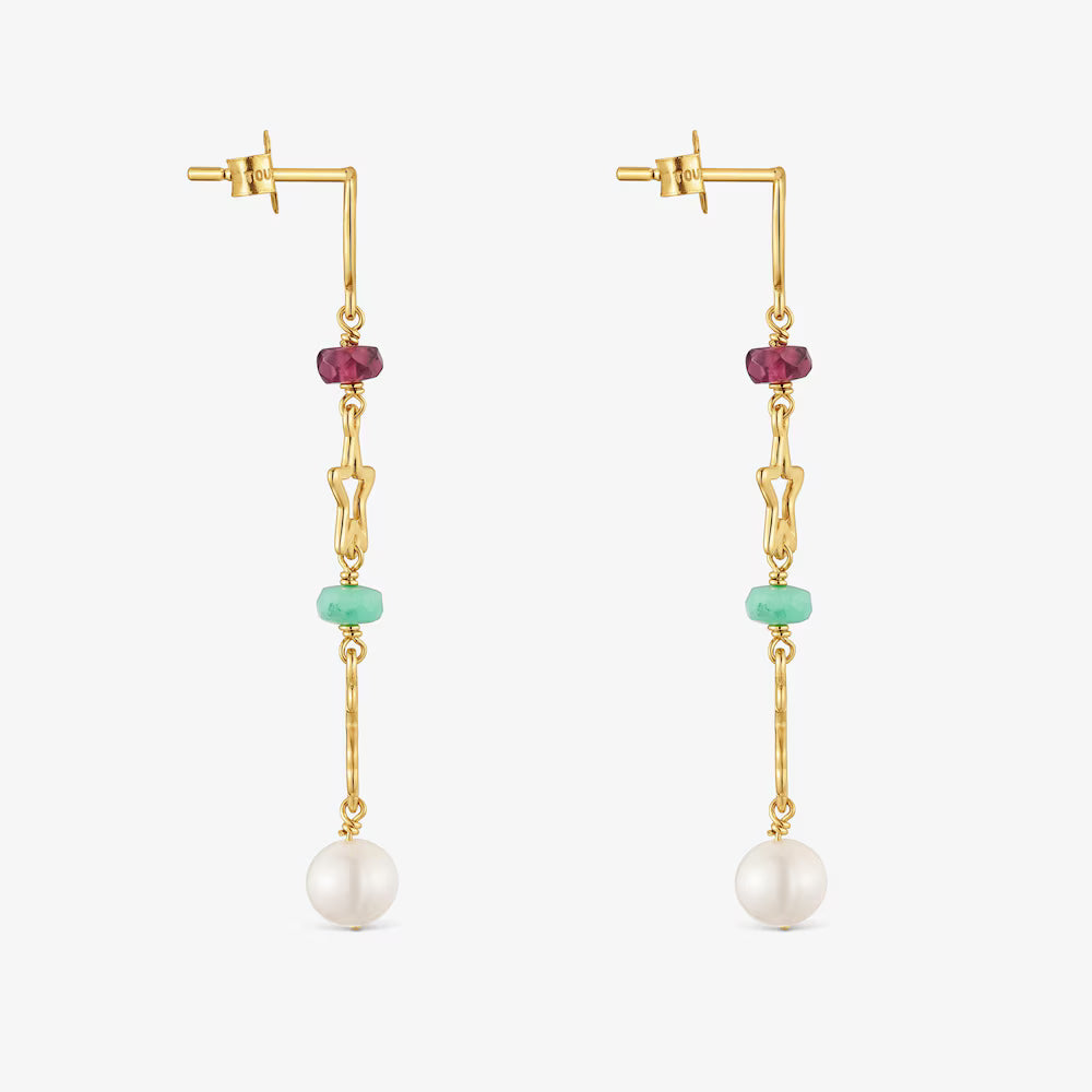 Pendientes largos de oro 9 kt y gemas 50 mm Silueta