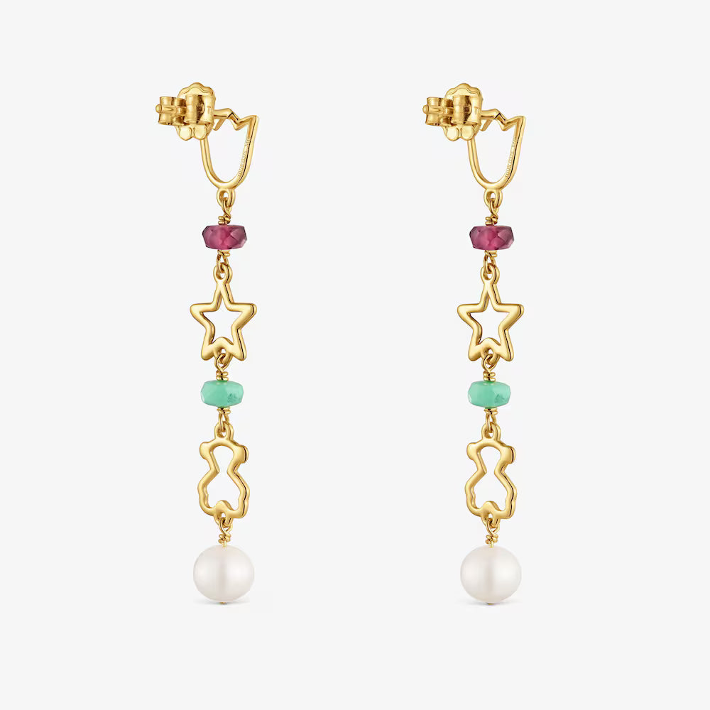 Pendientes largos de oro 9 kt y gemas 50 mm Silueta