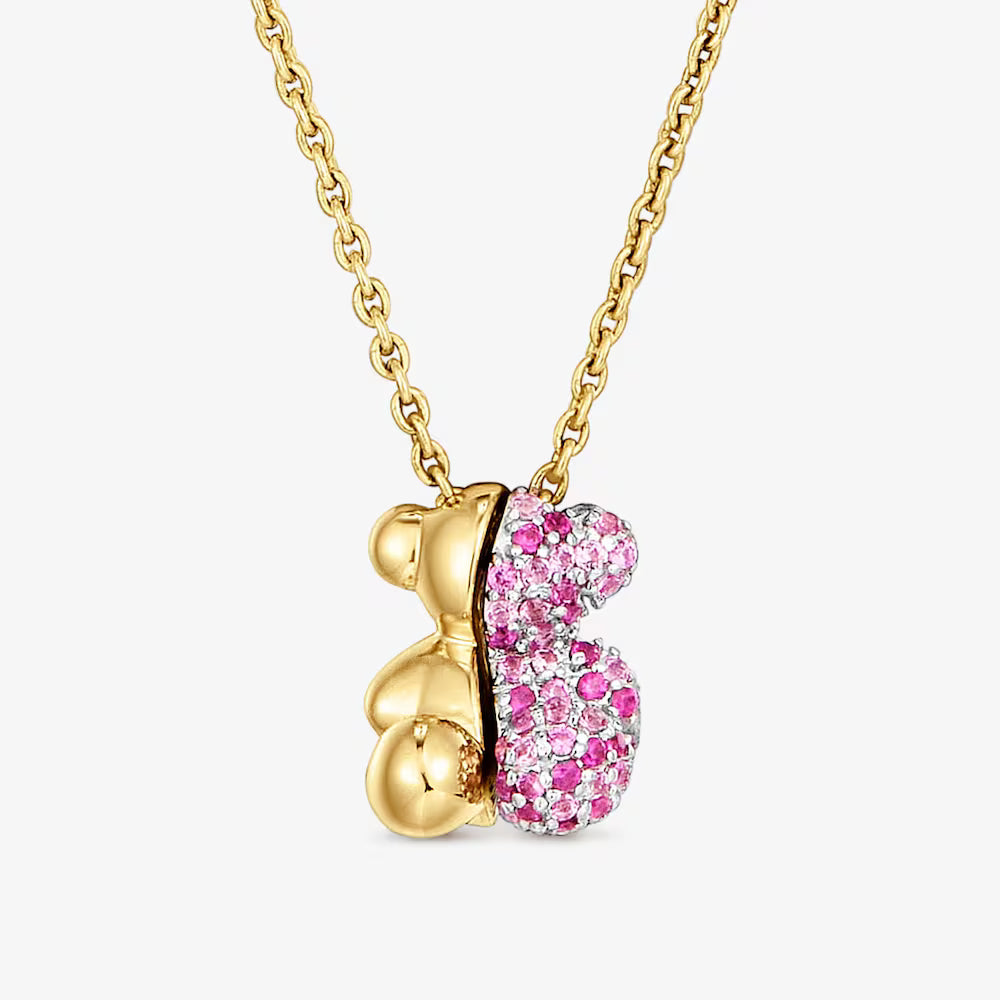 Collar oso de oro, oro blanco 14 kt y zafiros rosas My Other Half
