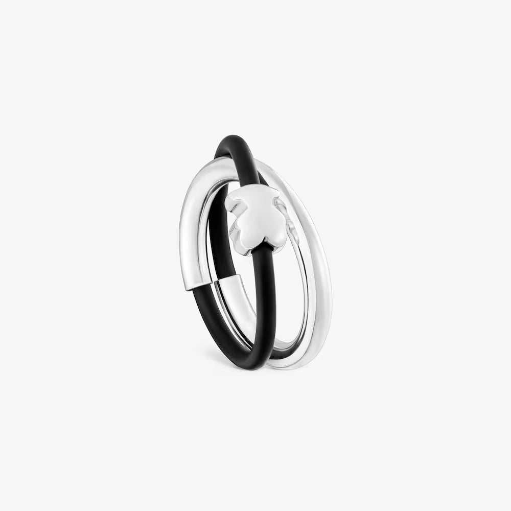 Anillo doble oso de plata y caucho Bold Motif