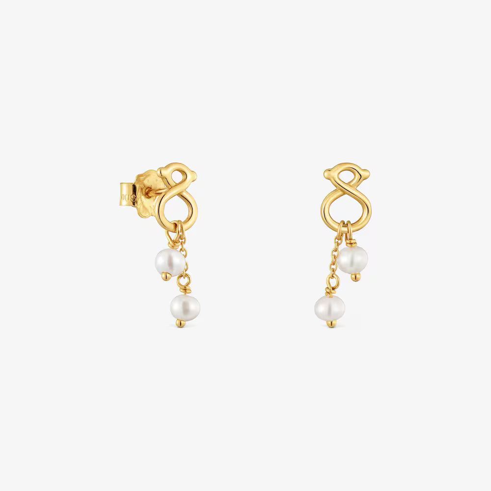 Pendientes largos de oro 9 kt motivo oso y perlas cultivadas TOUS Infinity