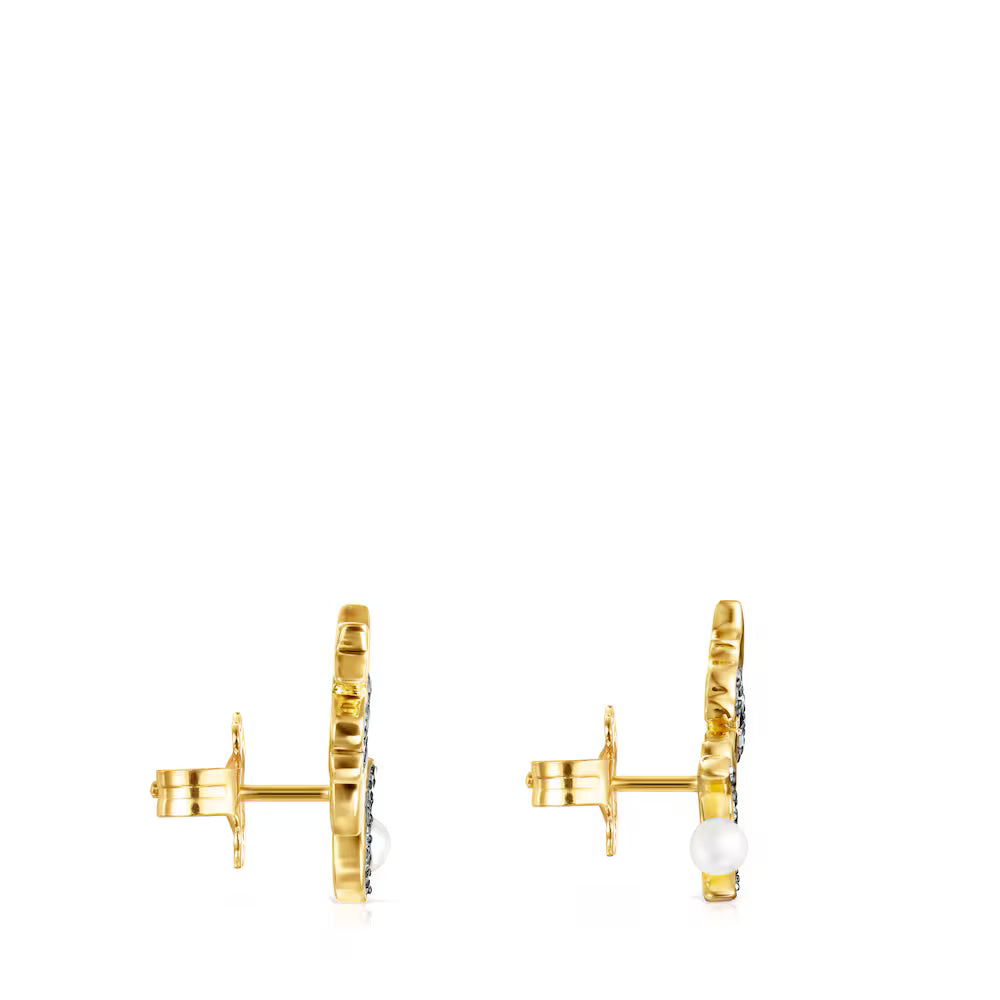 Pendientes trepadores con baño de oro 18 kt sobre plata, diamantes y perla Nocturne
