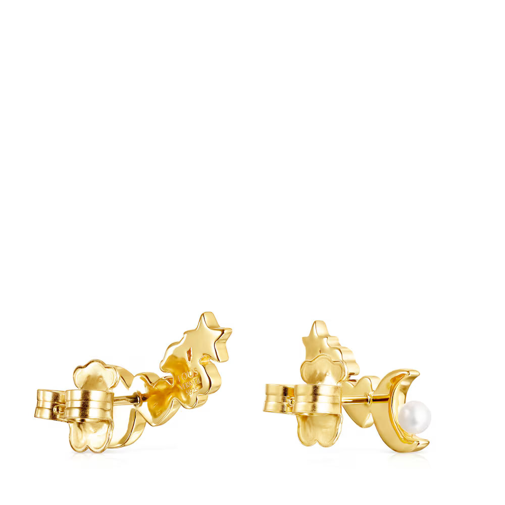 Pendientes trepadores con baño de oro 18 kt sobre plata, diamantes y perla Nocturne